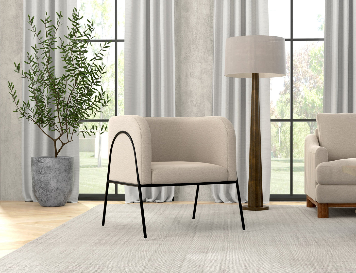 Wooden Frame & Metal Base, Armchair - Ecru Beige