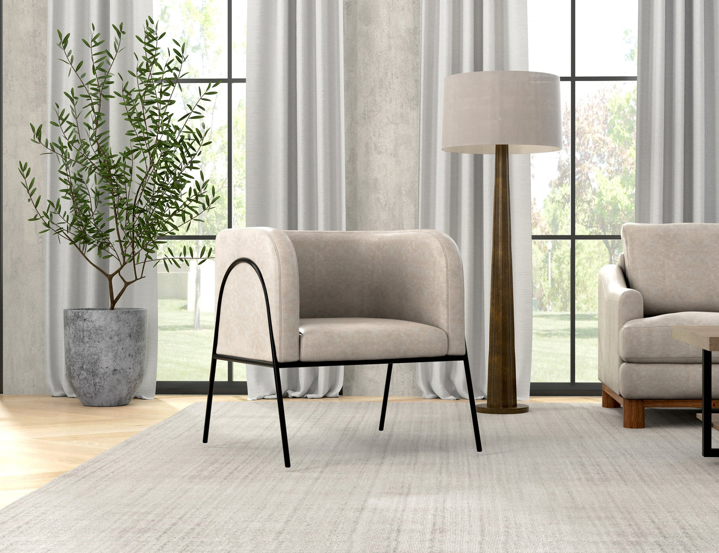 Wooden Frame & Metal Base, Armchair - Ivory