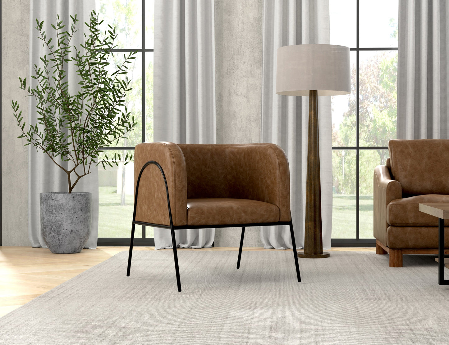 Wooden Frame & Metal Base, Armchair - Caramel Color