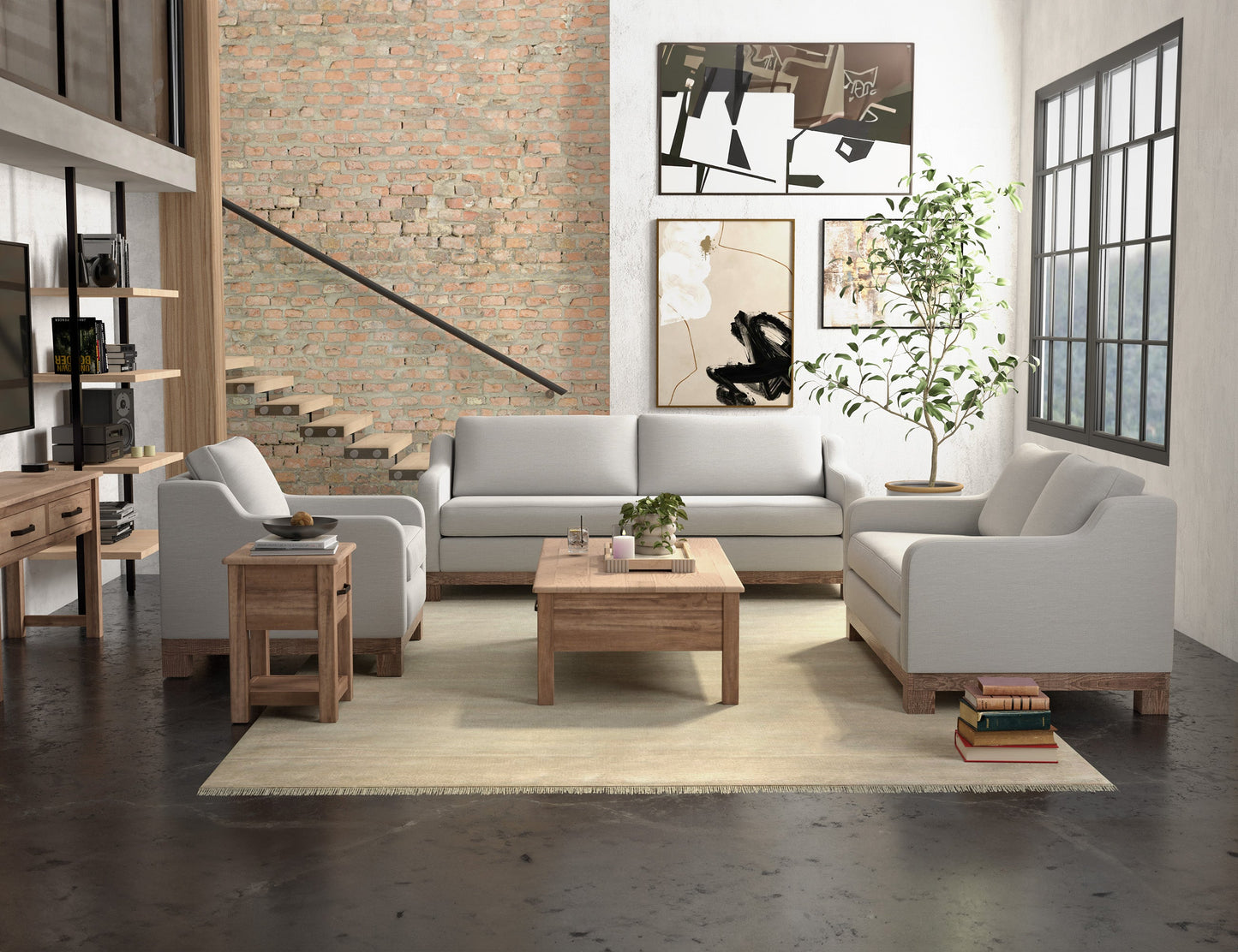 Wooden Frame & Base, Loveseat - Ecru Beige
