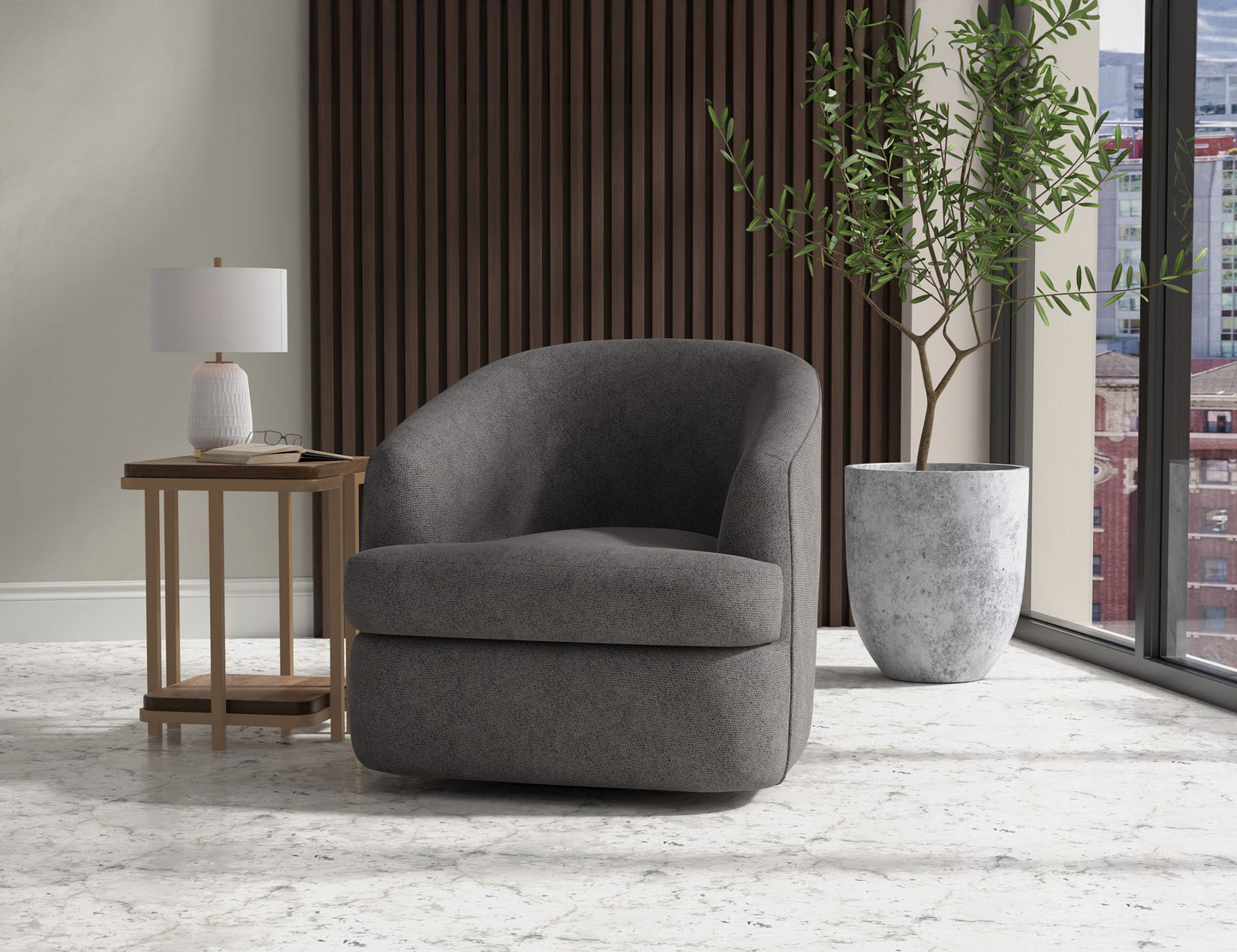 Wooden Frame & Metal Base, 360 Degree Swivel Accent Chair - Iron Gray