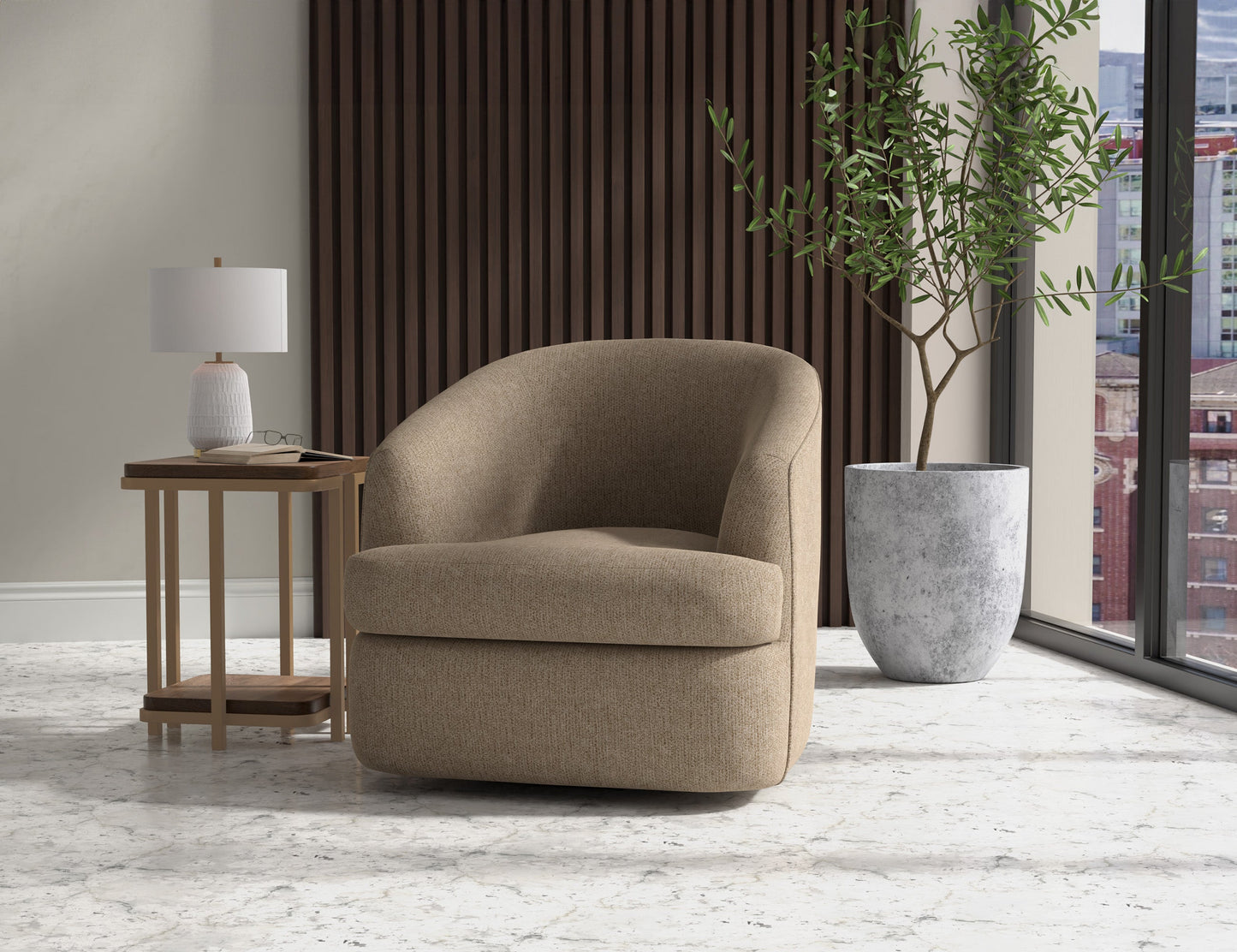 Wooden Frame & Metal Base, 360 Degree Swivel Accent Chair - Brown Camel