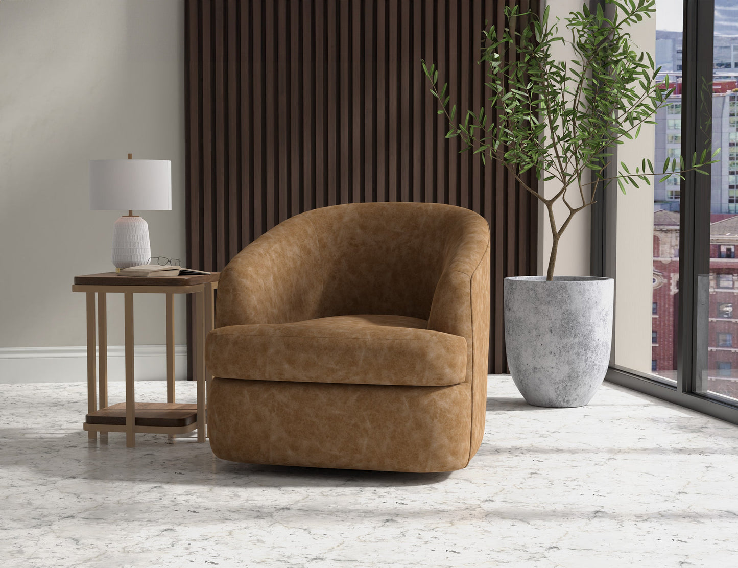 Wooden Frame & Metal Base, 360 Degree Swivel Accent Chair - Caramel Color