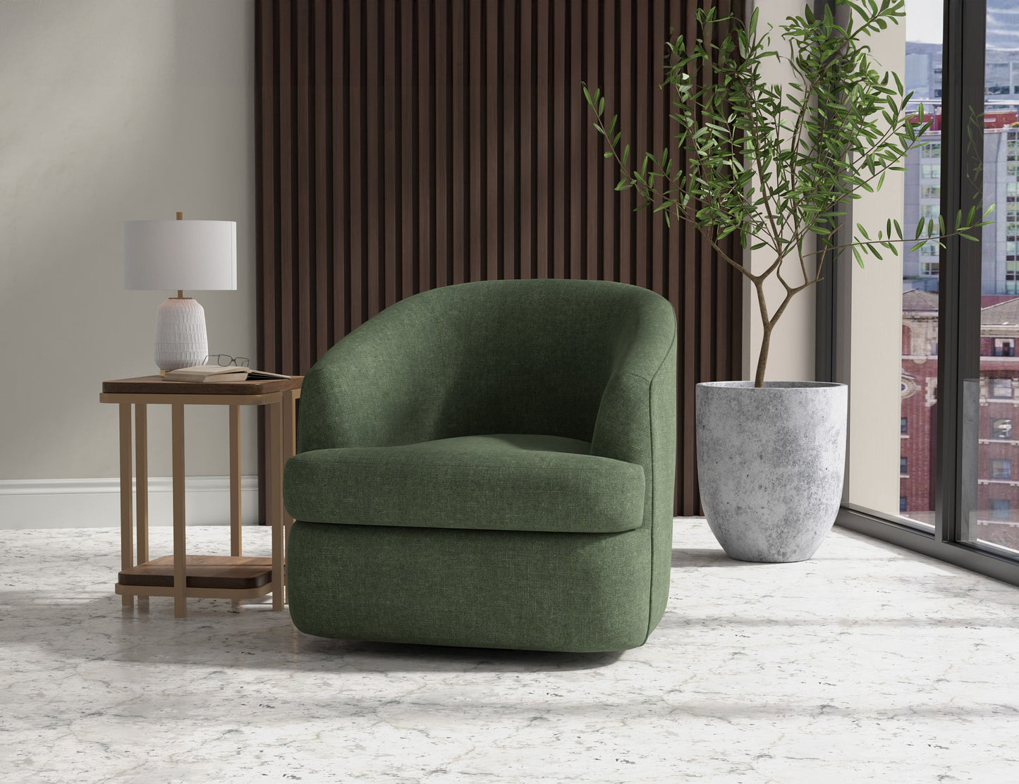 Wooden Frame & Metal Base, 360 Degree Swivel Accent Chair - Olive Green