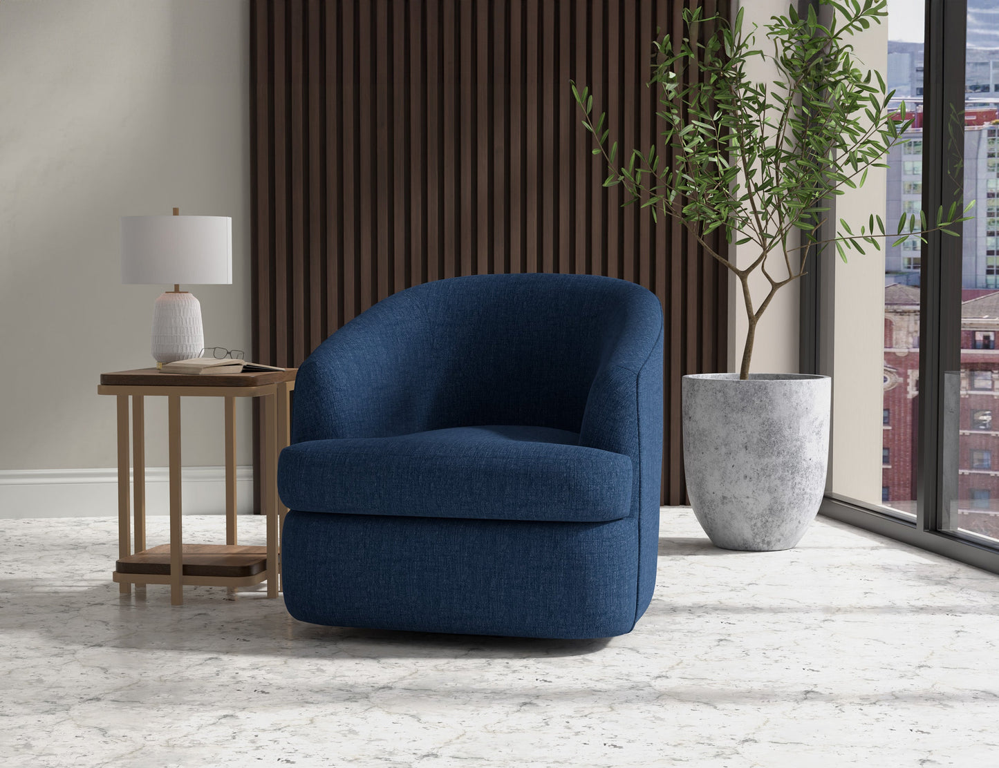 Wooden Frame & Metal Base, 360 Degree Swivel Accent Chair - Midnight Blue