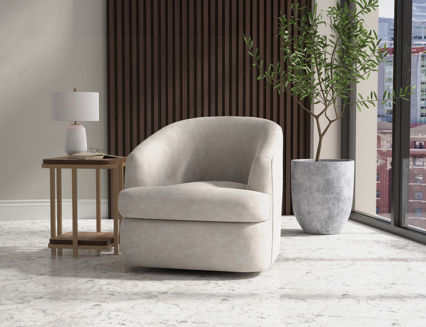 Wooden Frame & Metal Base, 360 Degree Swivel Accent Chair - Ivory