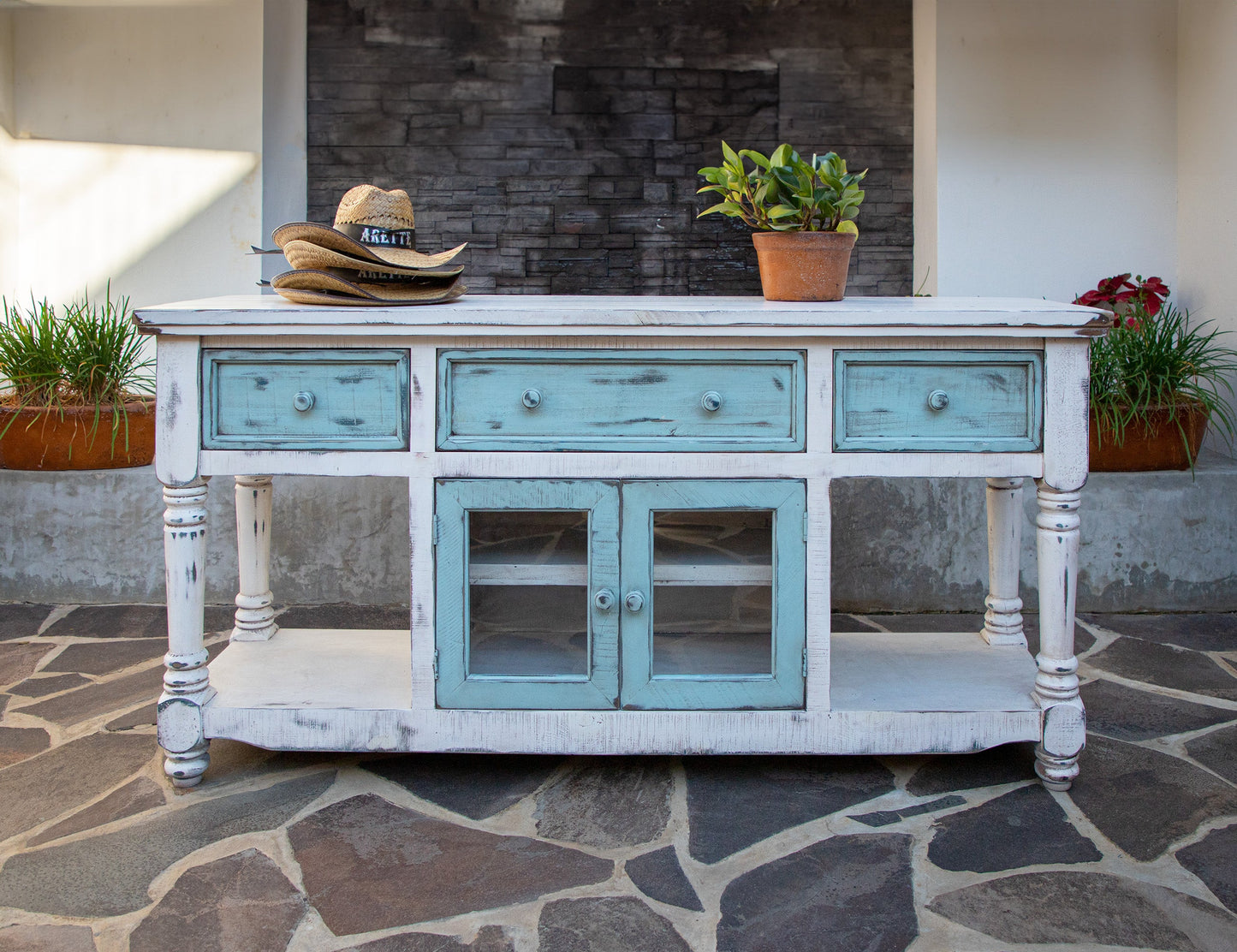 3 Drawer 2 Doors 70" TV Stand - Off White / Sky Blue