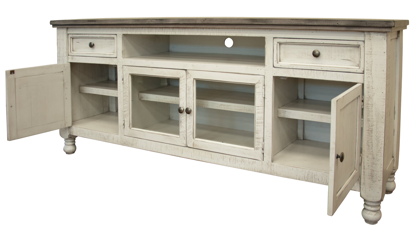 2 Drawer 4 Doors 80" TV Stand - Antiqued Ivory & Weathered Gray