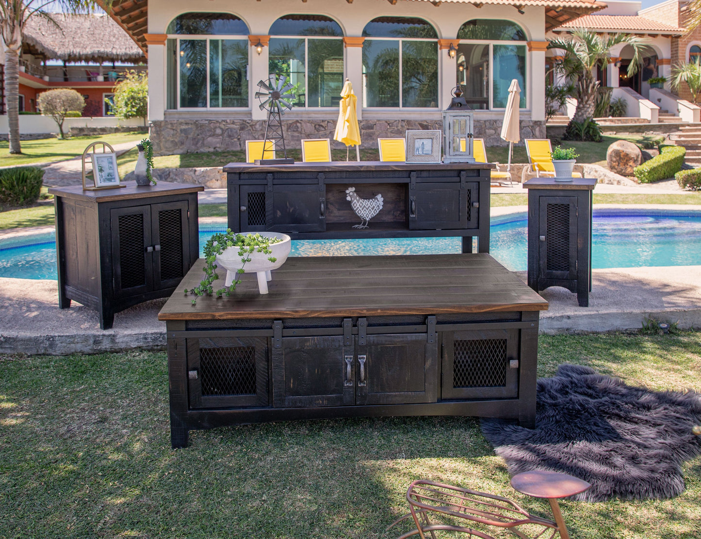2 Metal Mesh Doors End Table - Black & Medium Brown
