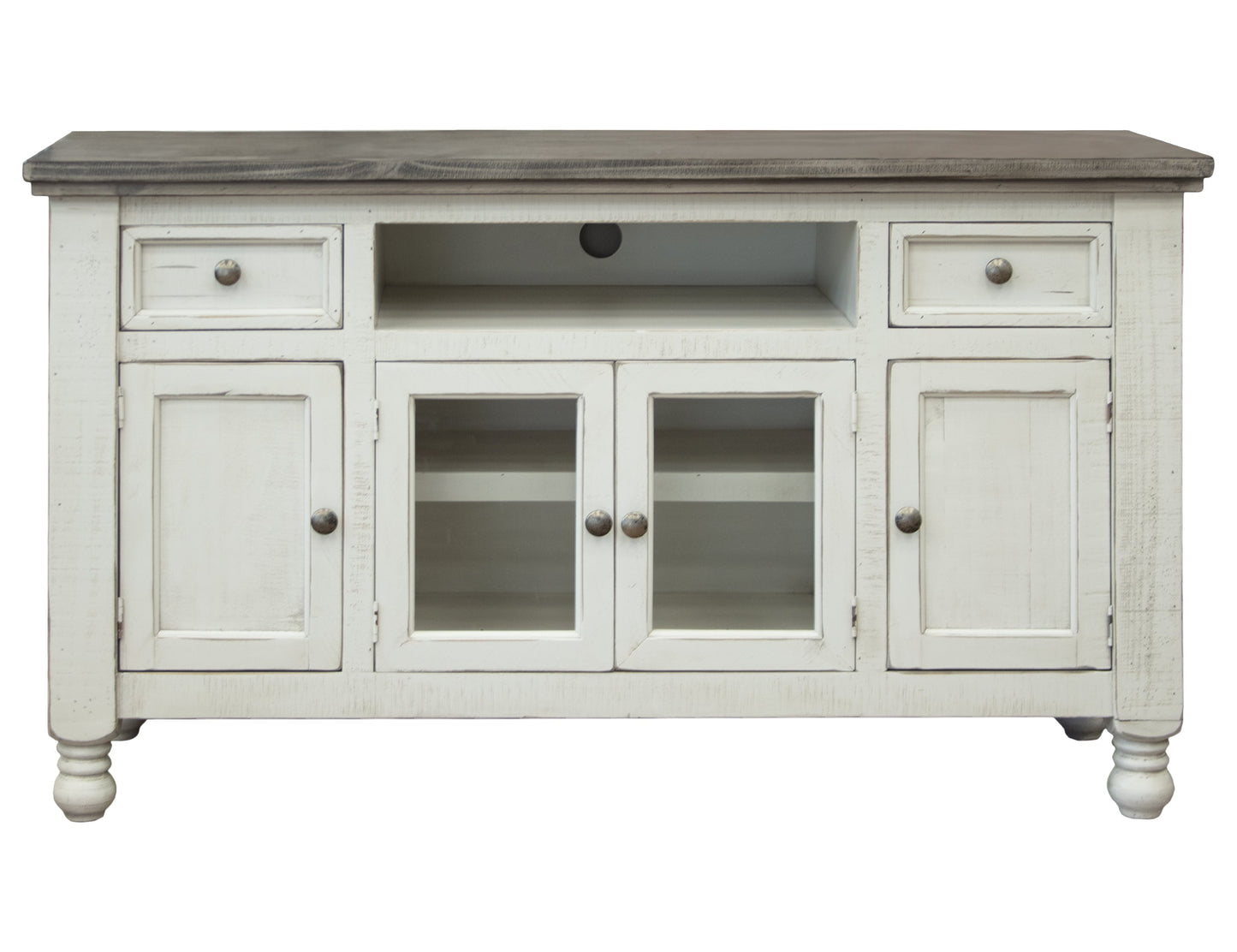 2 Drawer 4 Doors 60" TV Stand - Antiqued Ivory & Weathered Gray