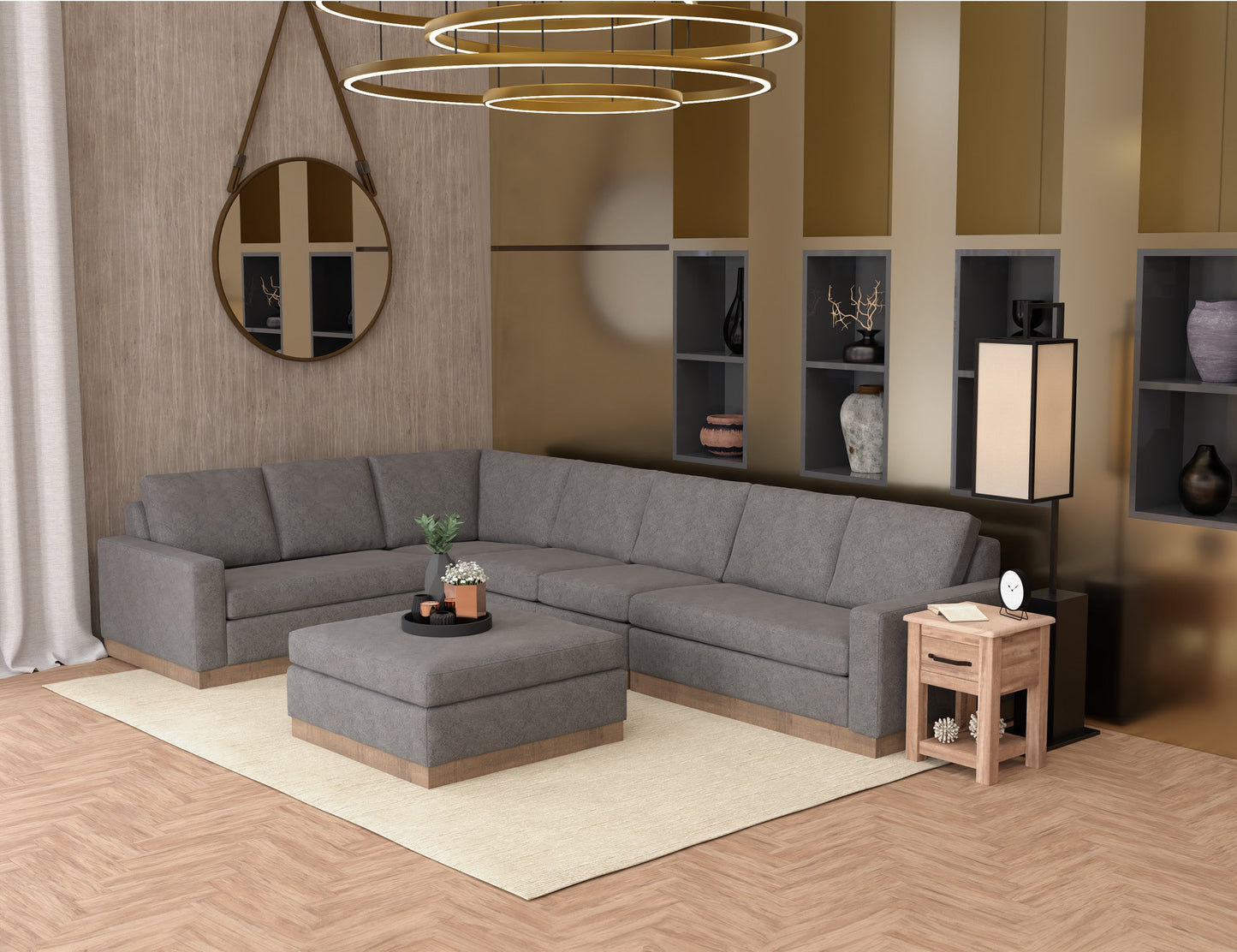 Wooden Frame & Base, Upholstered Square Ottoman - Iron Gray
