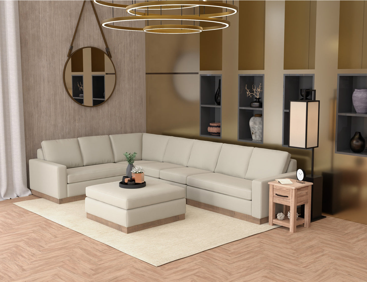 Wooden Frame & Base, Upholstered Square Ottoman - Almond Gray