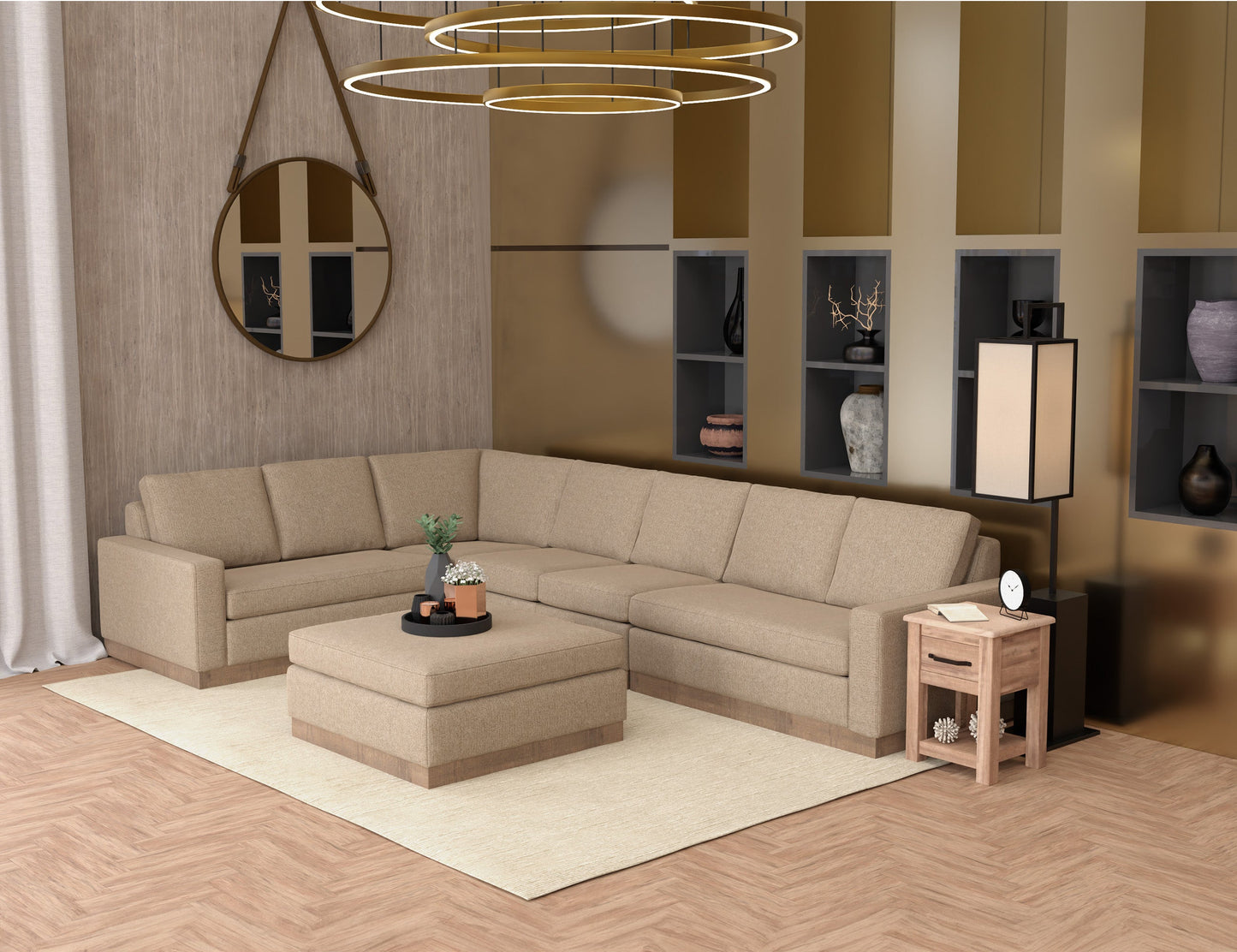Wooden Frame & Base, Upholstered Square Ottoman - Brown Camel