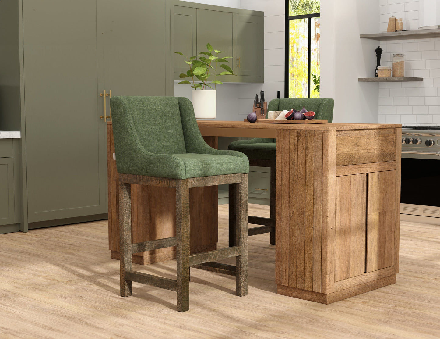 Wooden Frame & Base, 30" Upholstered Barstool - Olive Green