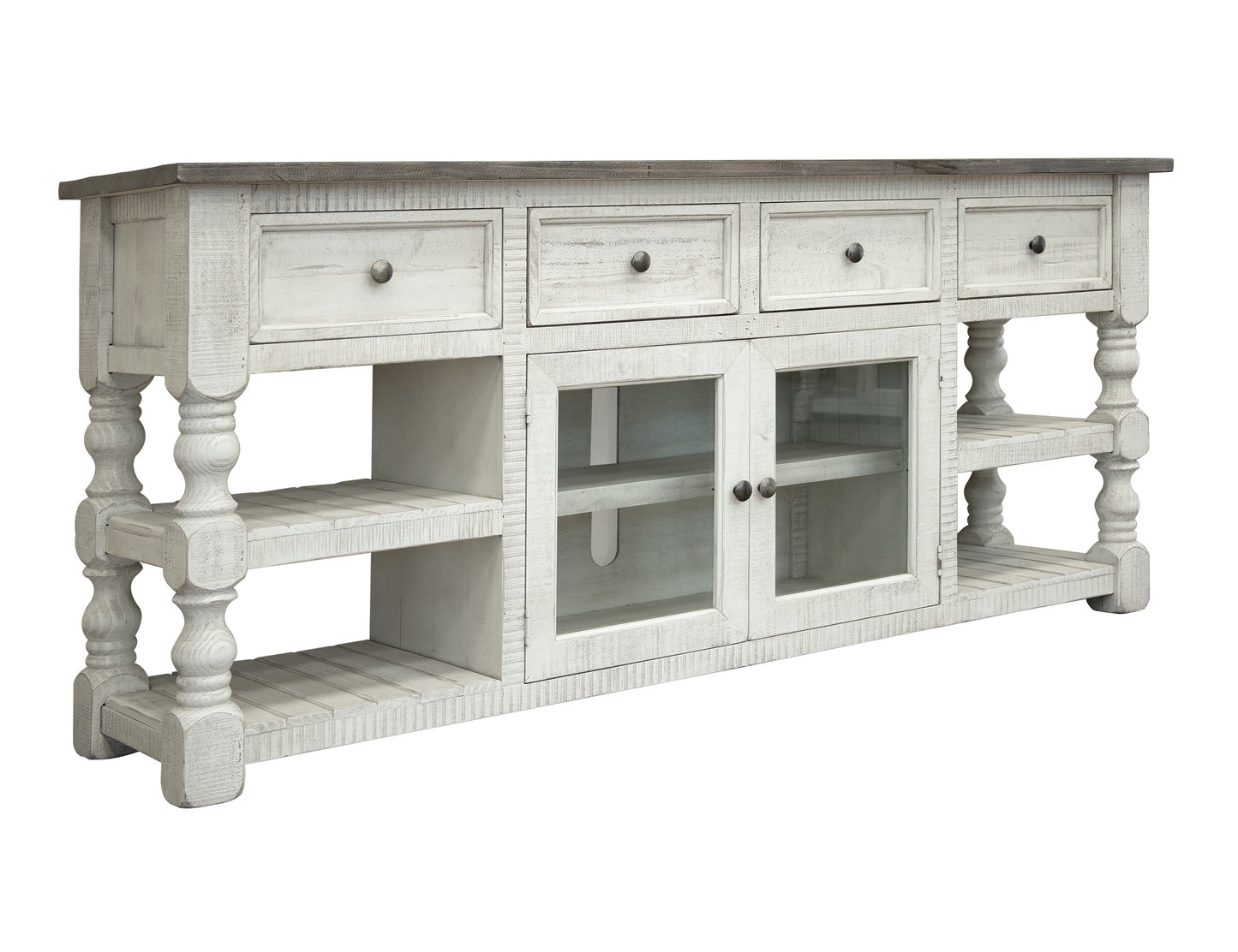 4 Drawer 2 Glass Doors 80" TV Stand - Antiqued Ivory & Weathered Gray