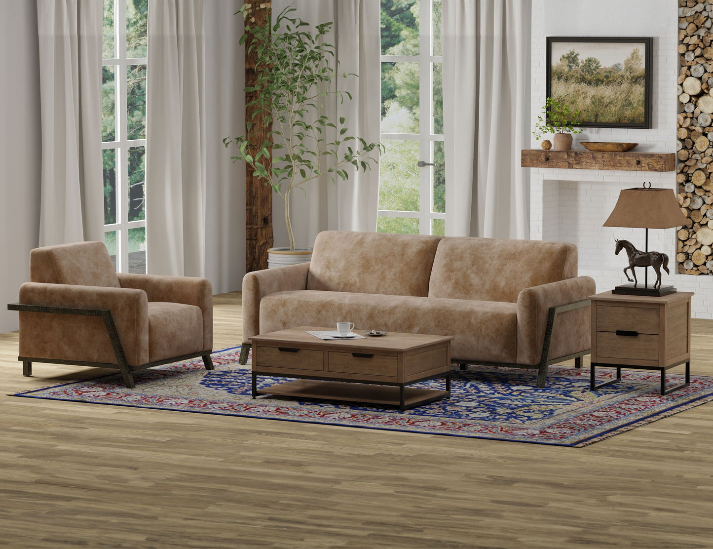 Wooden Frame & Base, Armchair - Caramel Color