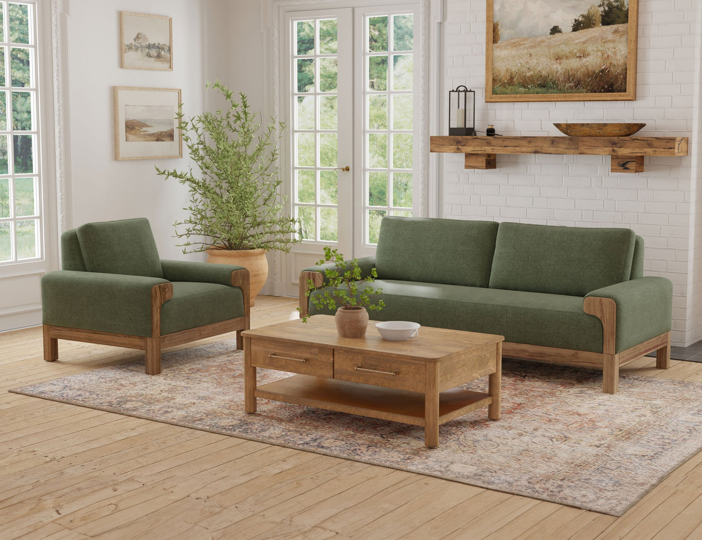 Wooden Frame & Base, Armchair - Olive green