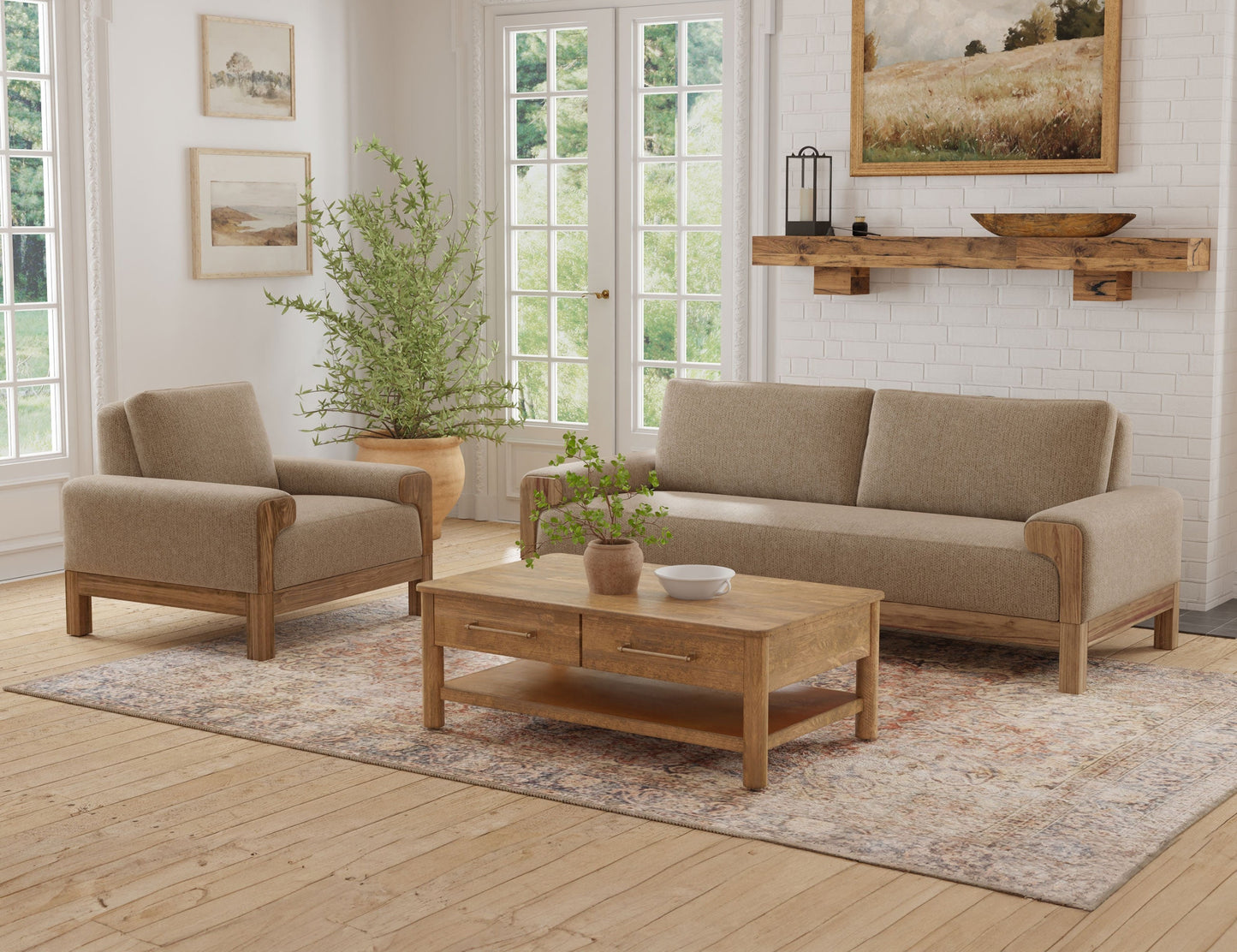 Wooden Frame & Base, Loveseat - Brown Camel