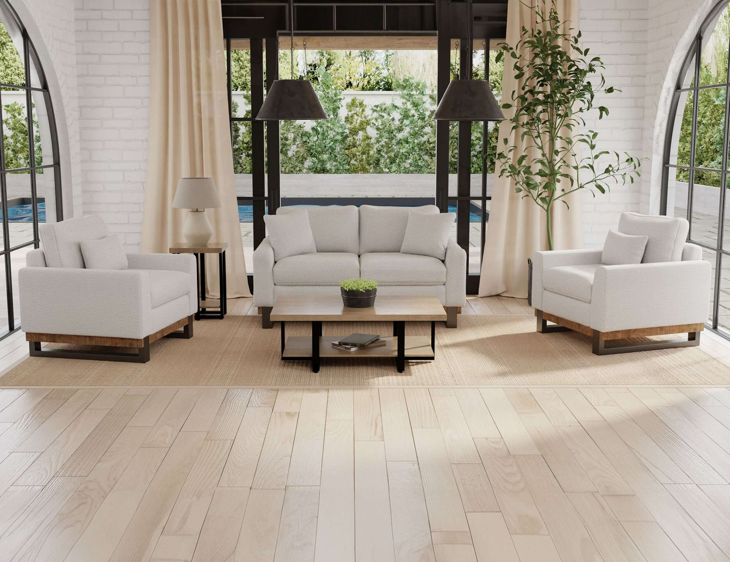 Metal & Wood Base, Loveseat - Light Cream