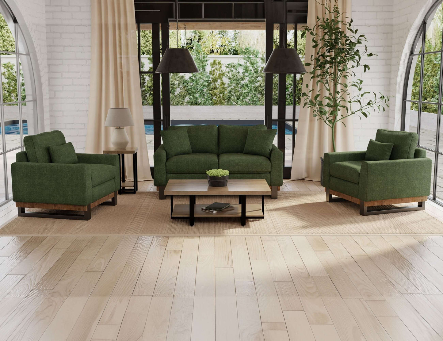Metal & Wood Base, Loveseat - Olive Green