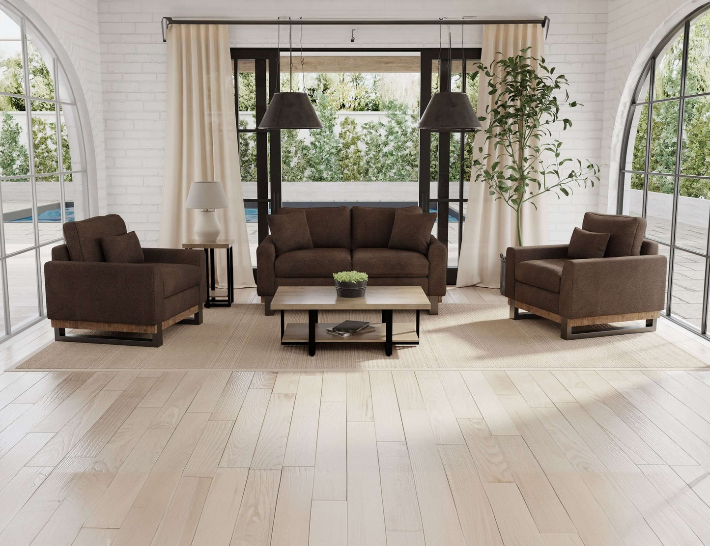 Metal & Wood Base, Loveseat - Chocolate Brown