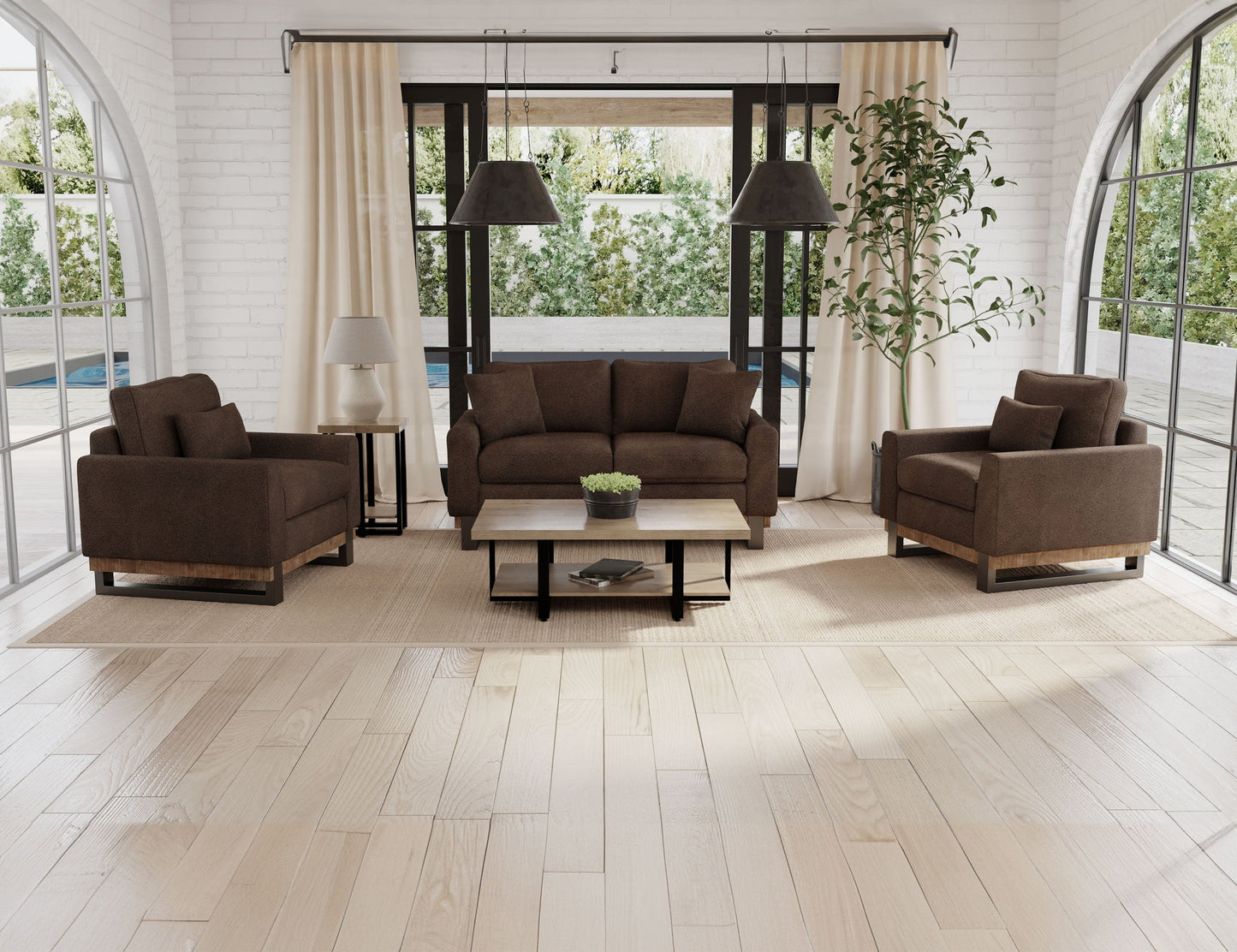 Metal & Wood Base, Sofa - Chocolate Brown