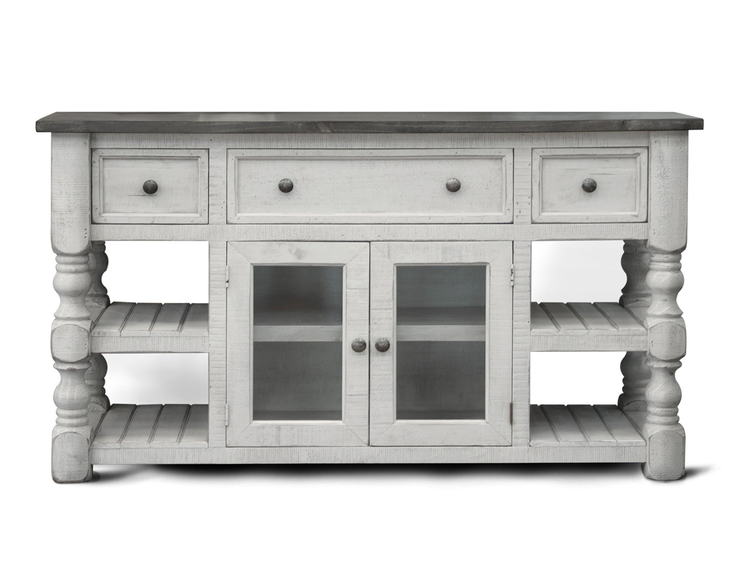 3 Drawer 2 Glass Door 60" TV Stand - Antiqued Ivory & Weathered Gray