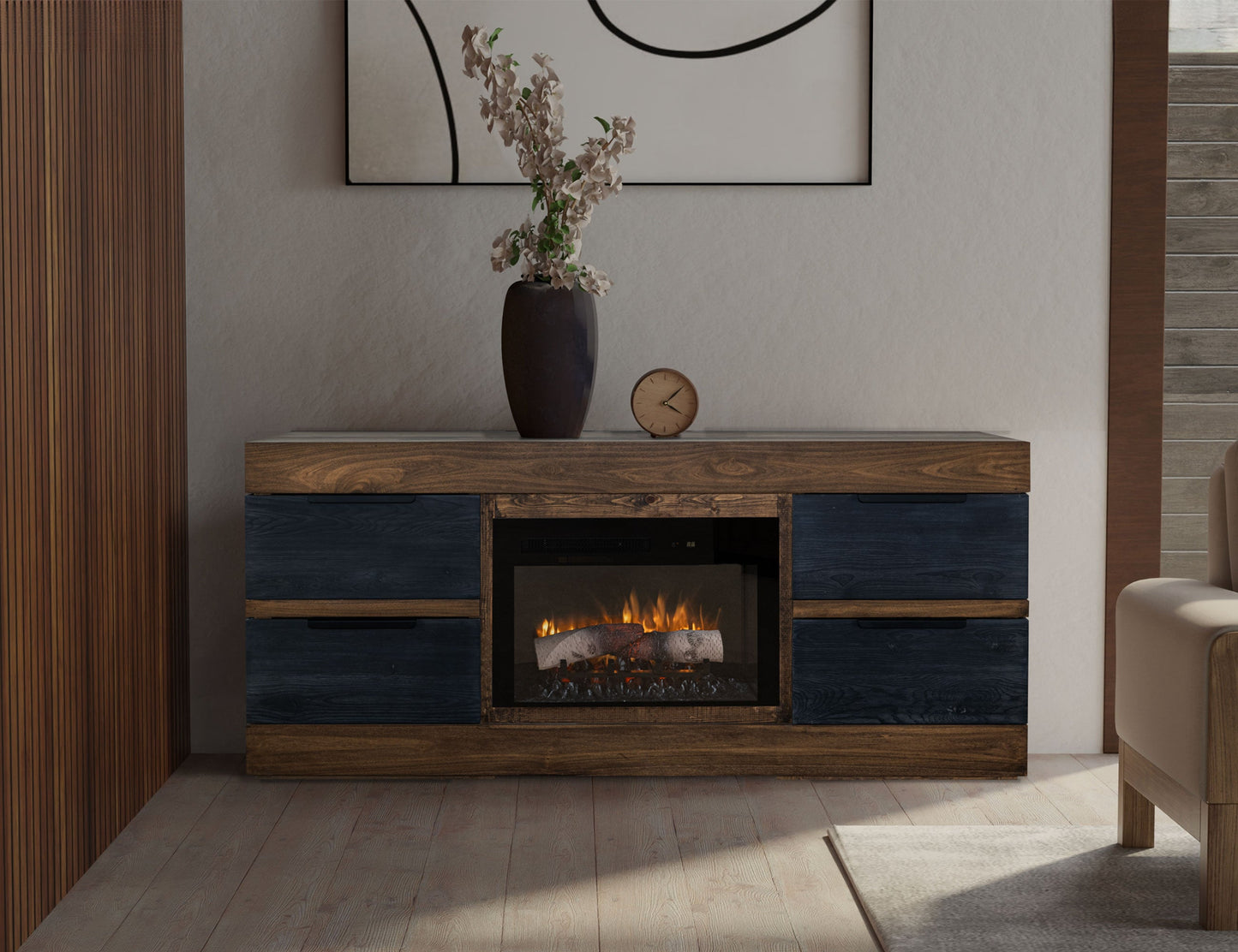 4 Drawer Fireplace TV Stand 70" - Satin Black and Brown