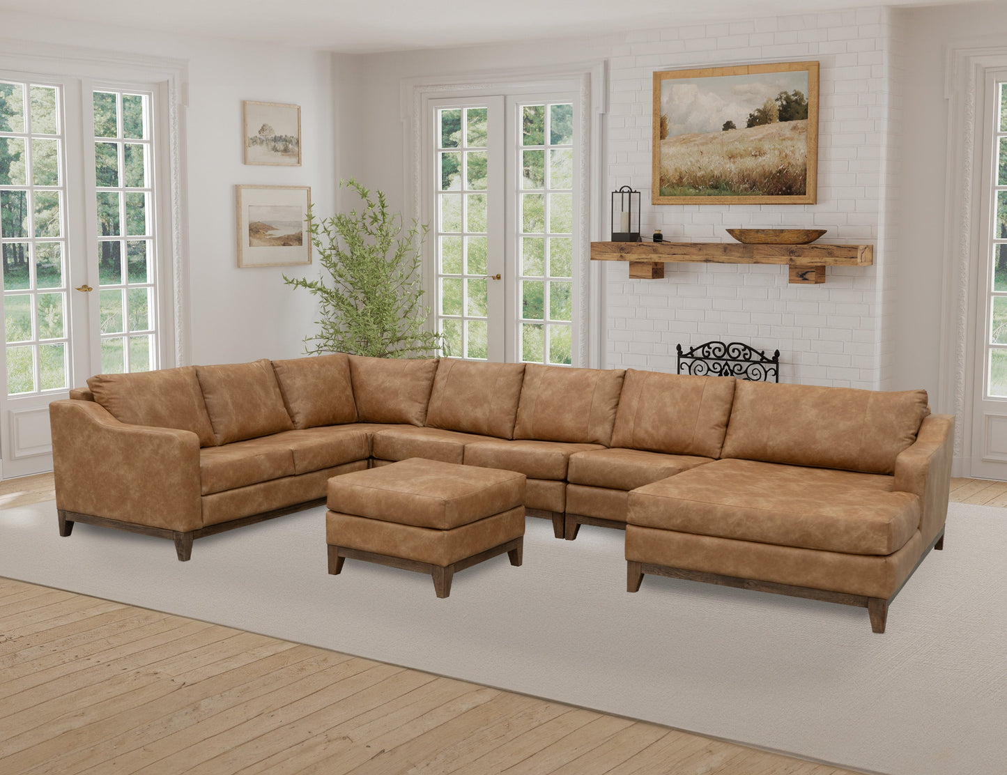 Wooden Frame & Base, Upholstered Square Ottoman - Camel