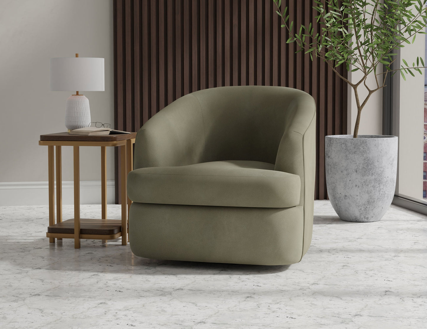 Wooden Frame & Metal Base, 360 Degree Swivel Accent Chair - Moss Green