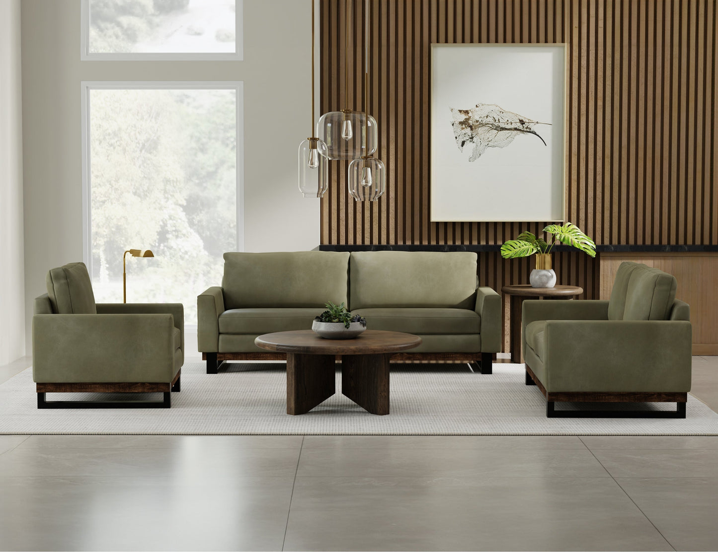 Metal & Wood Base, Sofa - Moss Green