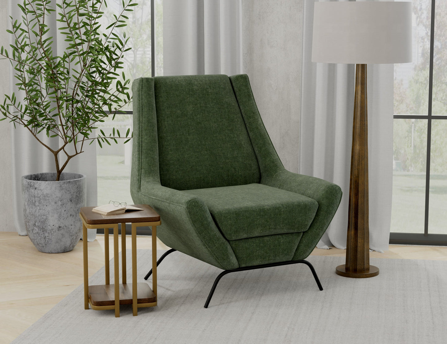 Wooden Frame & Metal Base, Armchair - Olive Green