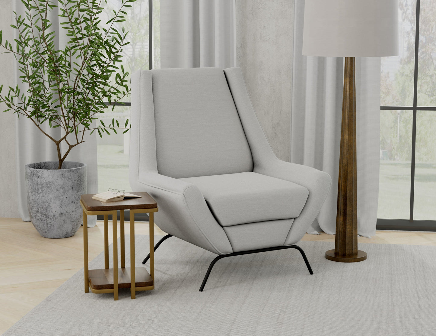 Wooden Frame & Metal Base, Armchair - Ecru Beige