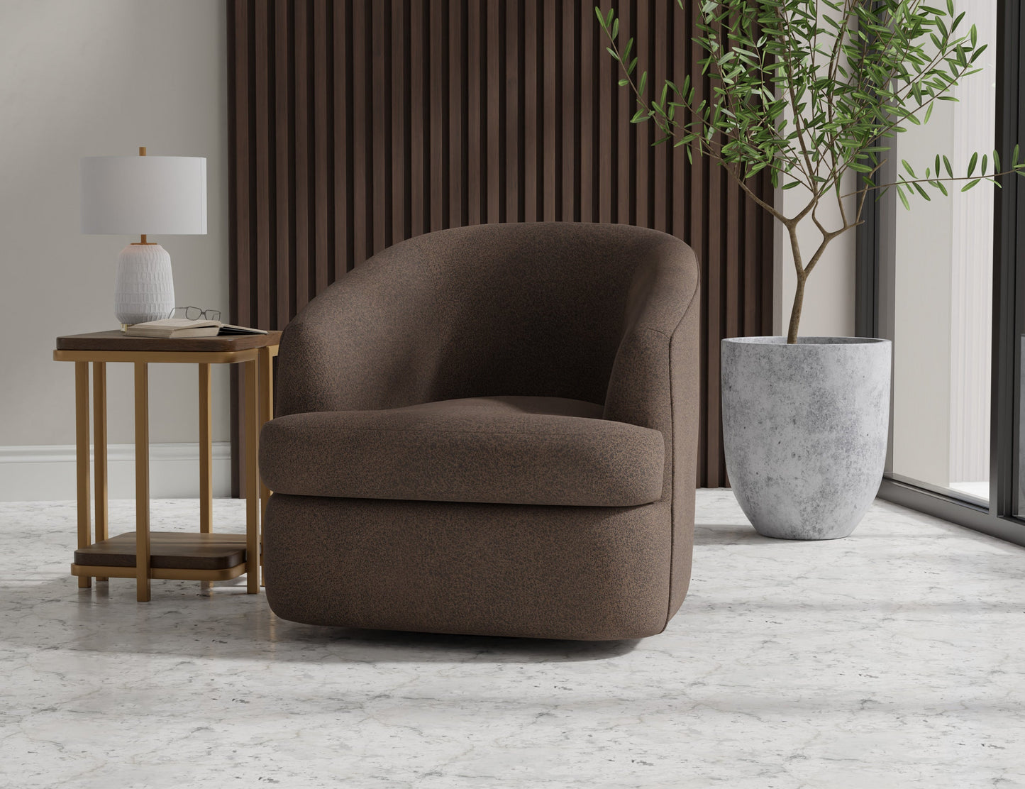Wooden Frame & Metal Base, 360 Degree Swivel Accent Chair - Chocolate Brown