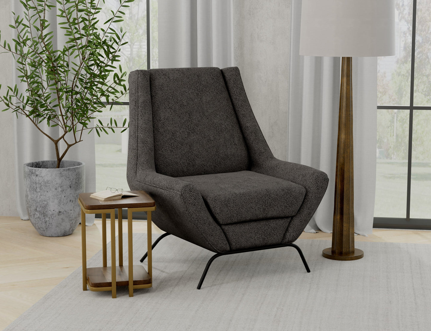 Wooden Frame & Metal Base, Armchair - Iron Gray