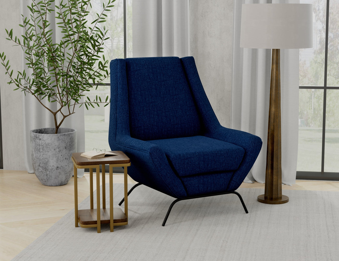 Wooden Frame & Metal Base, Armchair - Midnight Blue