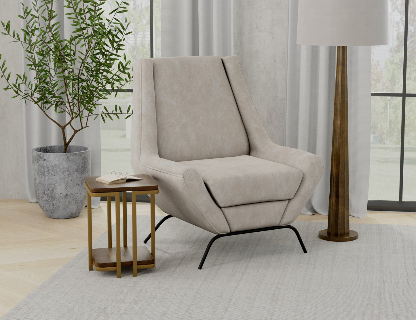 Wooden Frame & Metal Base, Armchair - Ivory
