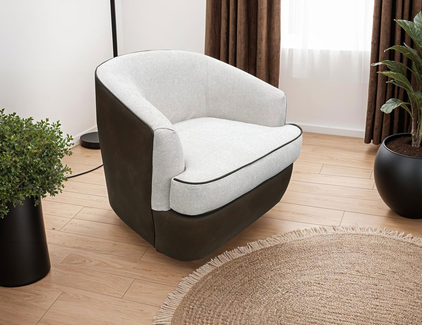 Bicolor Fabric, Wooden Frame & Metal Base, 360 Degree, Armchair - Walnut Brown