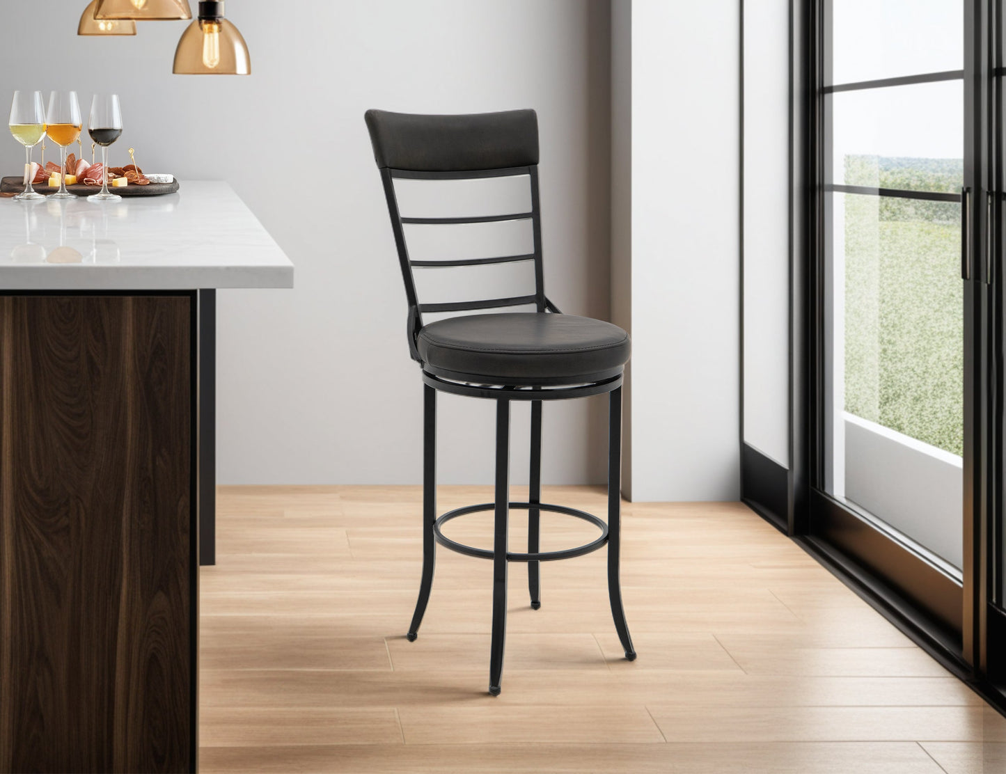 Wooden Frame & Metal Base, 30" Upholstered Barstool - Licorice Black