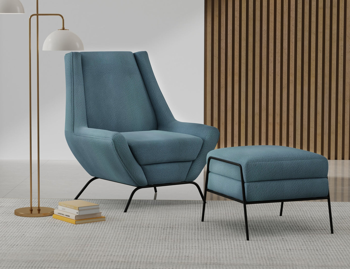 Wooden Frame & Metal Base, Footstool, Ottoman - Slate Blue