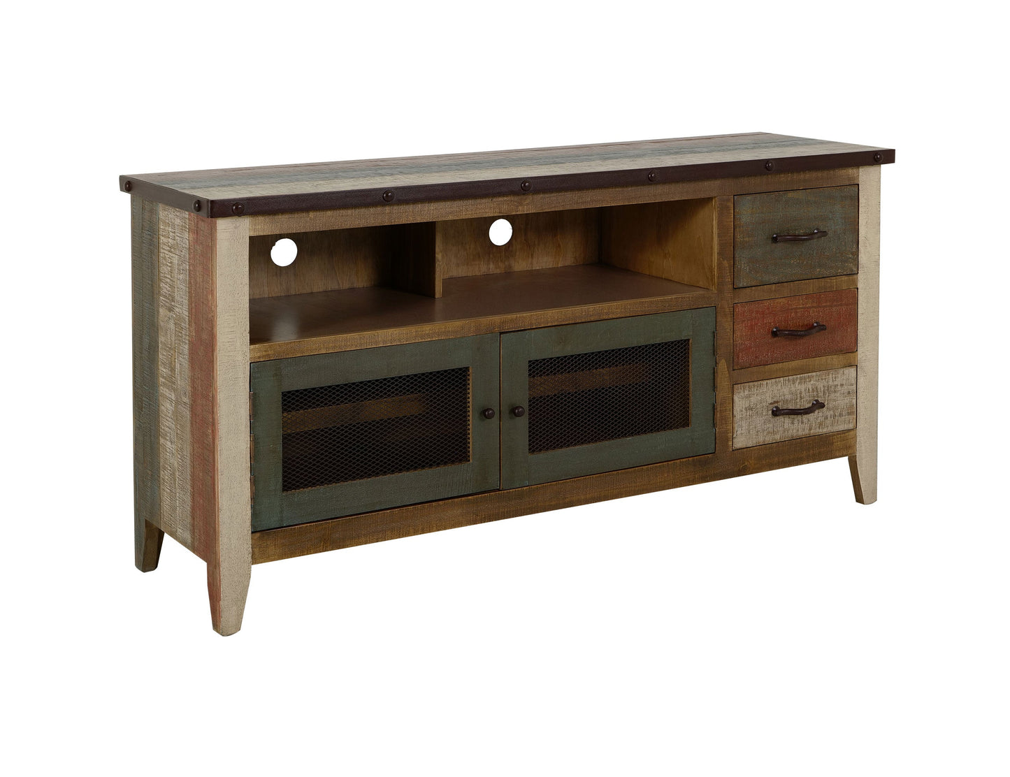 3 Drawer, 2 Iron Mesh Doors 62" TV Stand - Multicolor