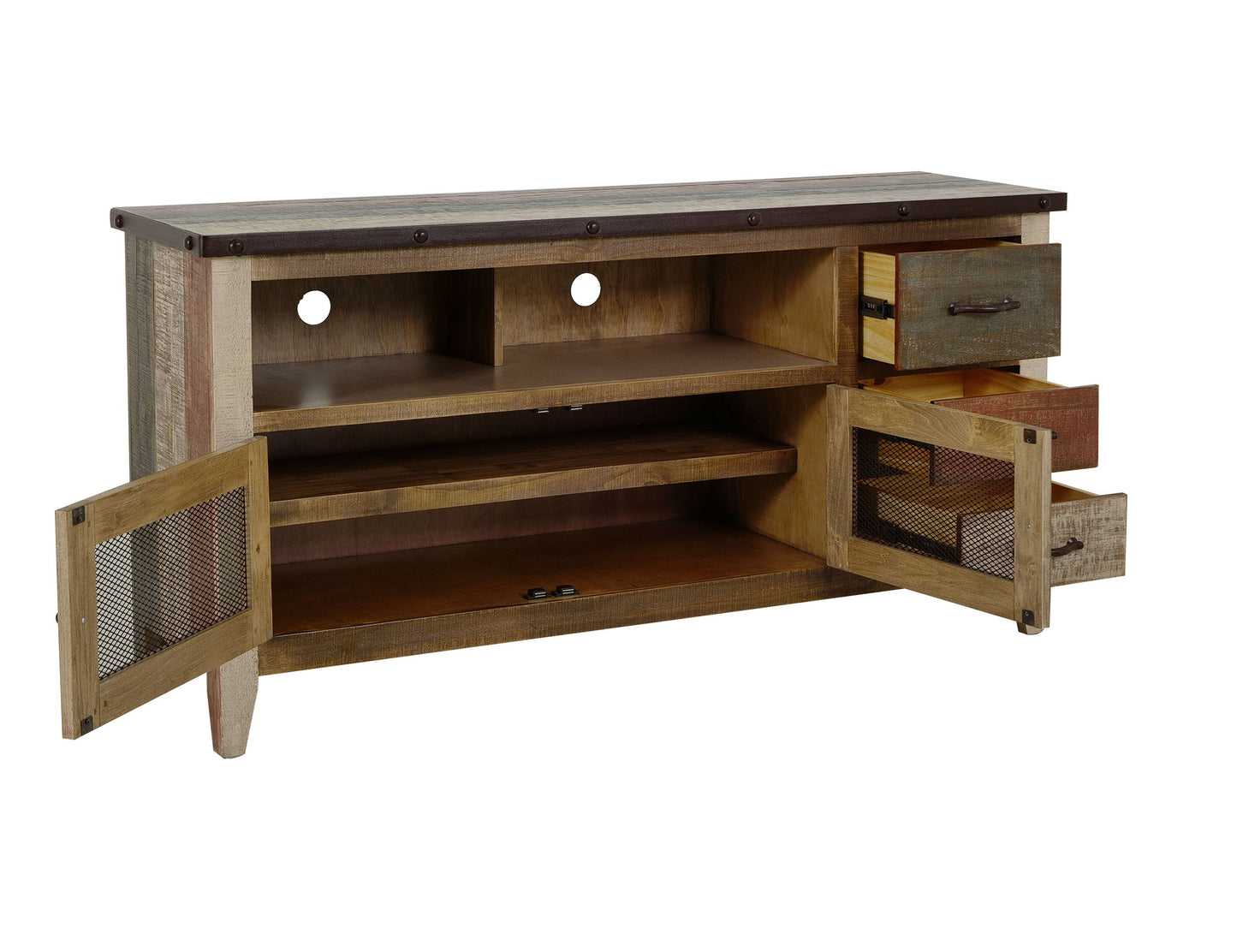 3 Drawer, 2 Iron Mesh Doors 62" TV Stand - Multicolor
