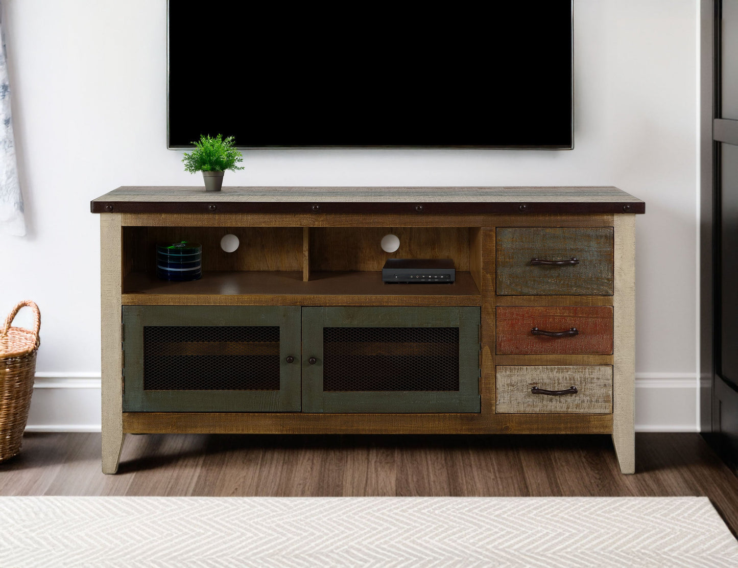 3 Drawer, 2 Iron Mesh Doors 62" TV Stand - Multicolor