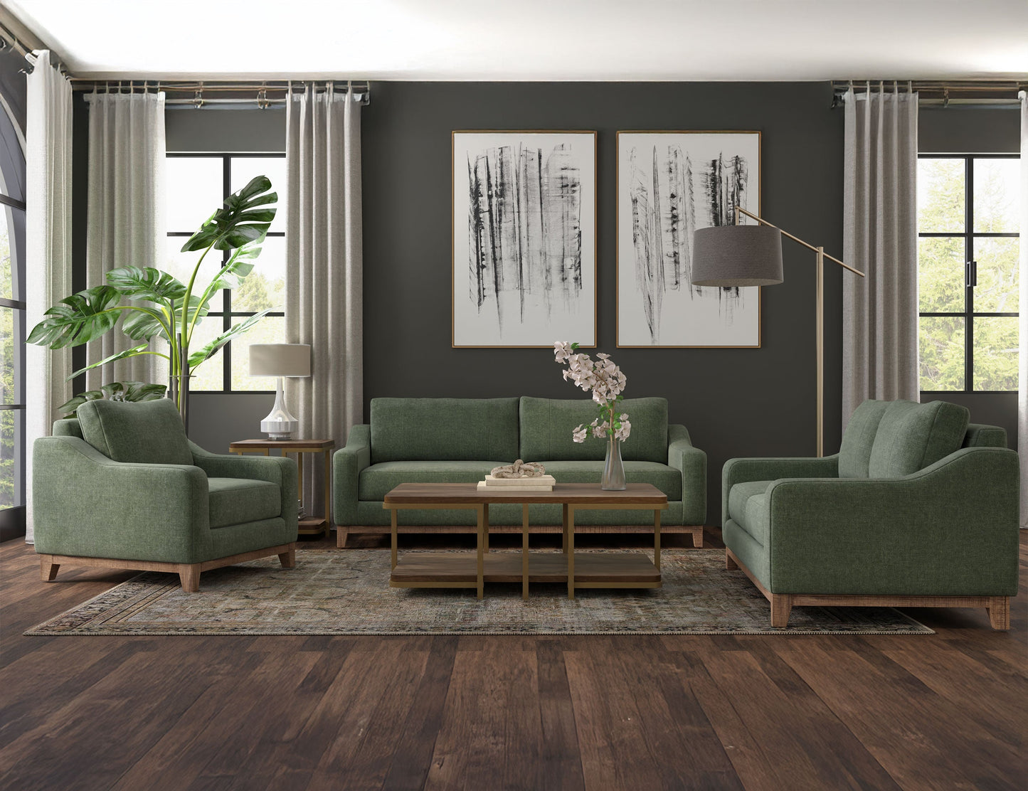 Wooden Frame & Base, Sofa - Olive Green
