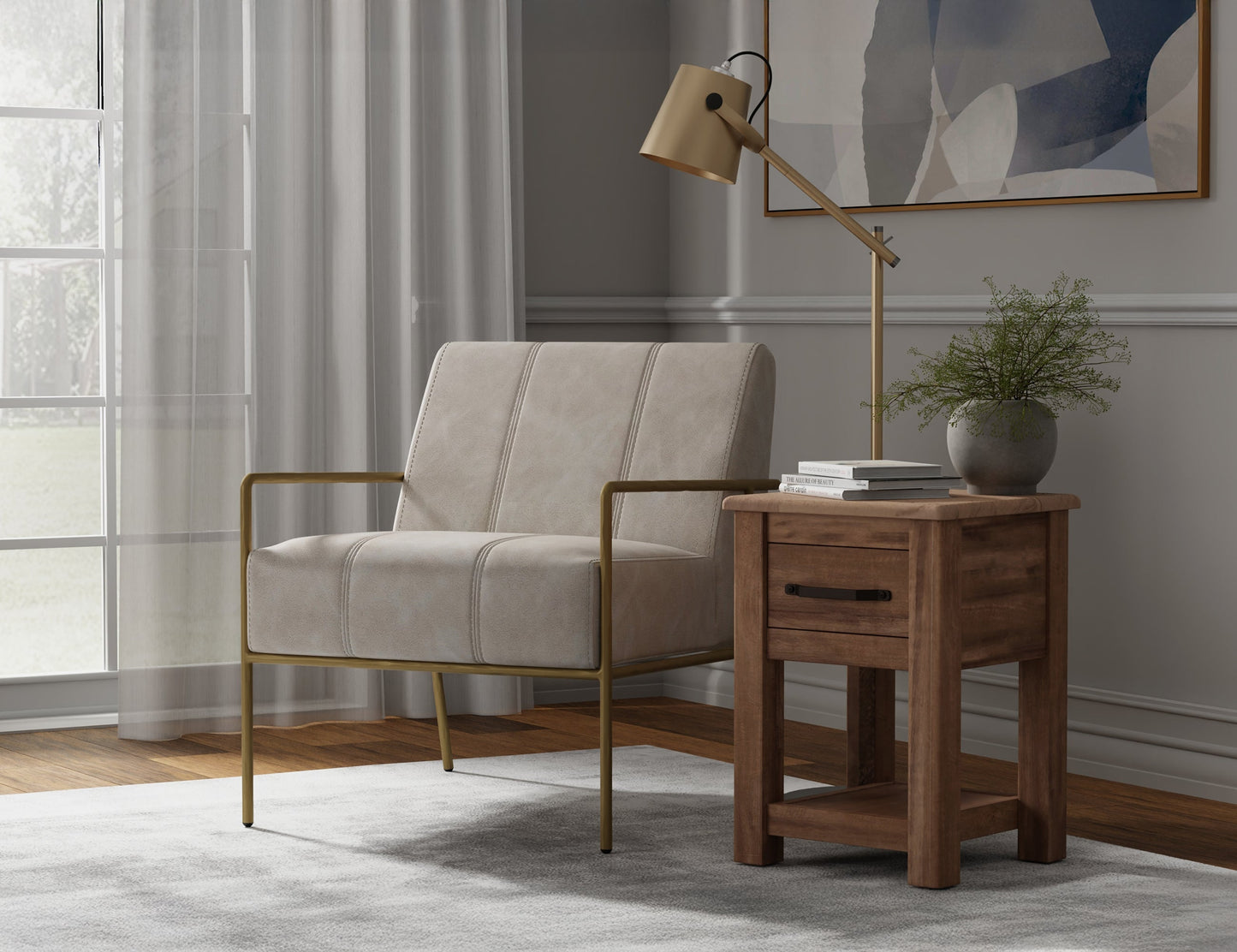Wooden Frame & Metal Base, Armchair - Ivory