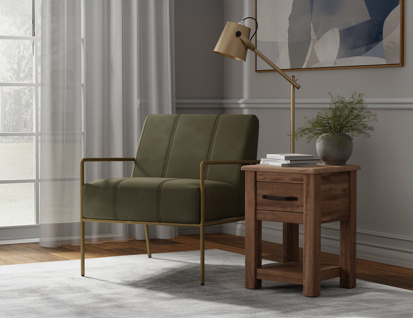 Wooden Frame & Metal Base, Armchair - Moss Green