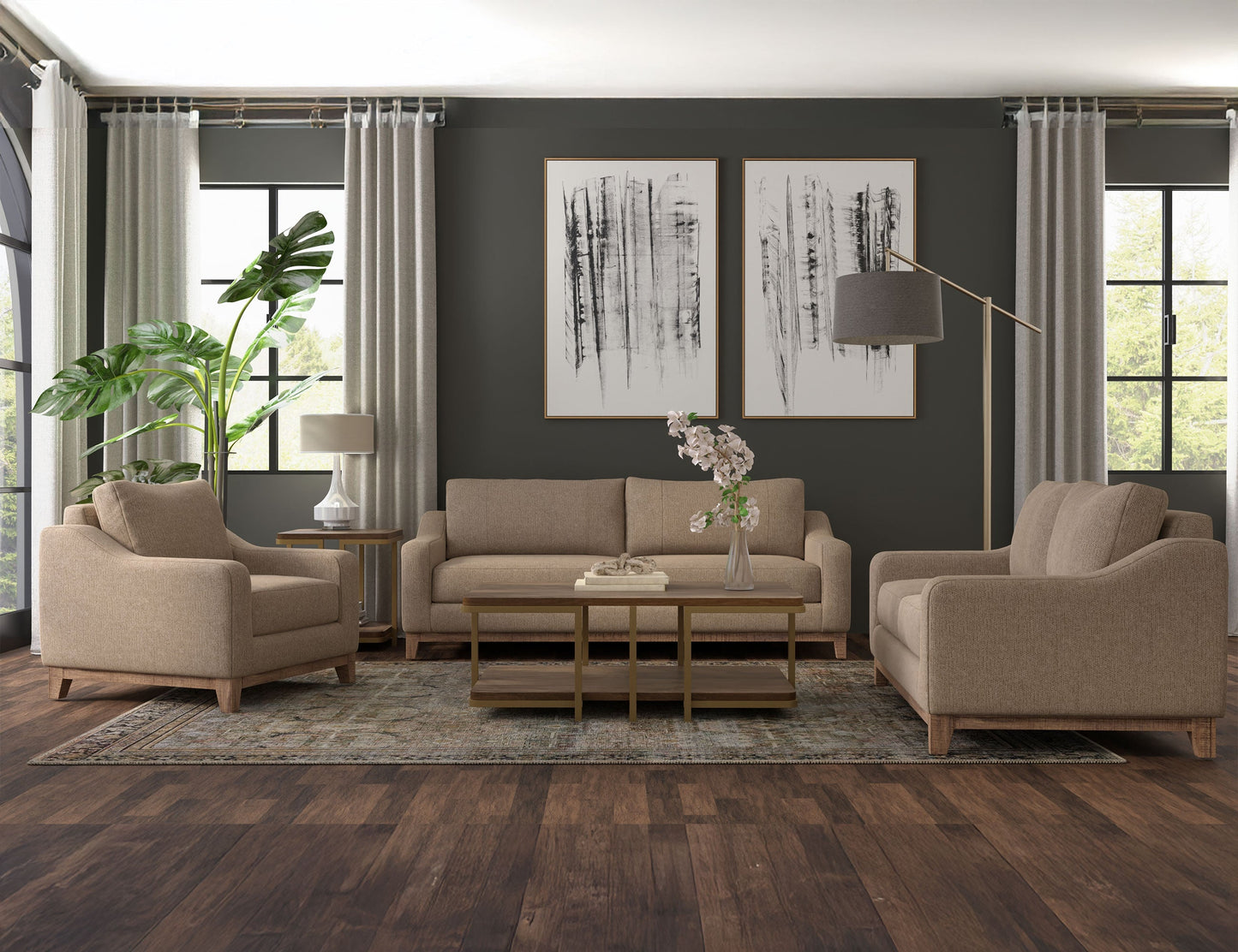 Wooden Frame & Base, Sofa - Brown Camel