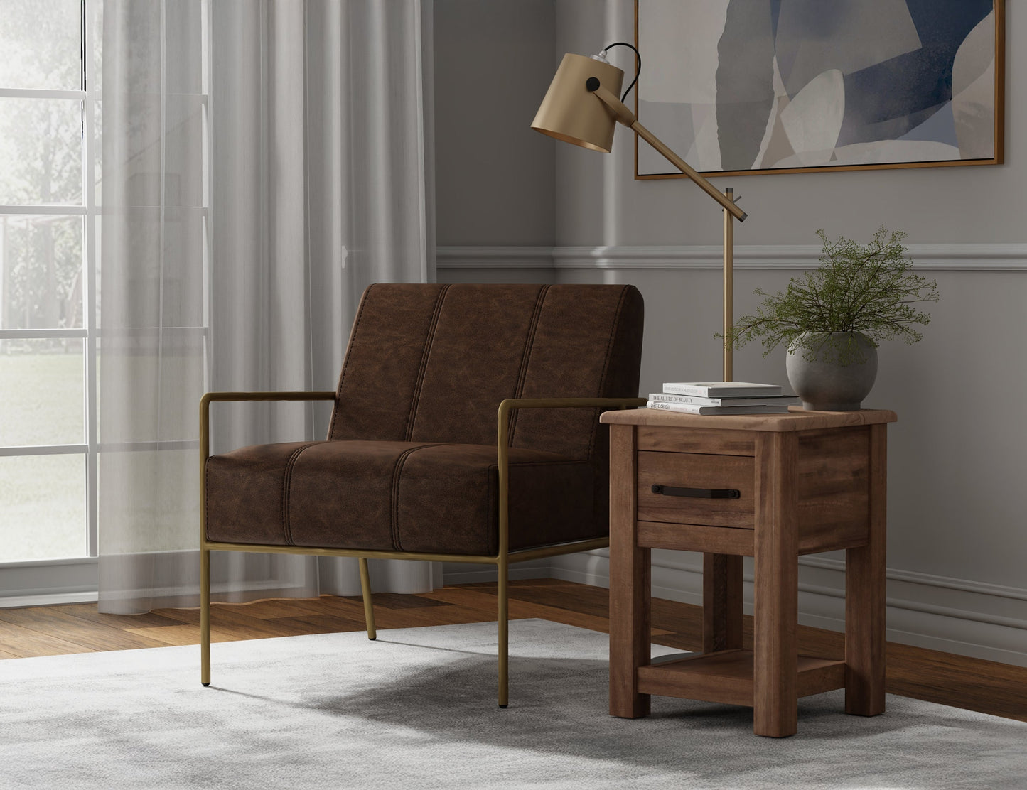 Wooden Frame & Metal Base, Armchair - Chocolate Brown