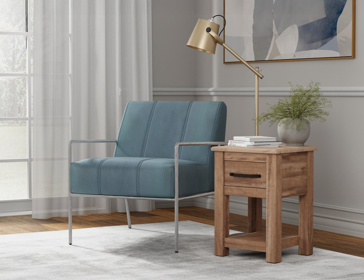 Wooden Frame & Metal Base, Armchair - Indigo Blue