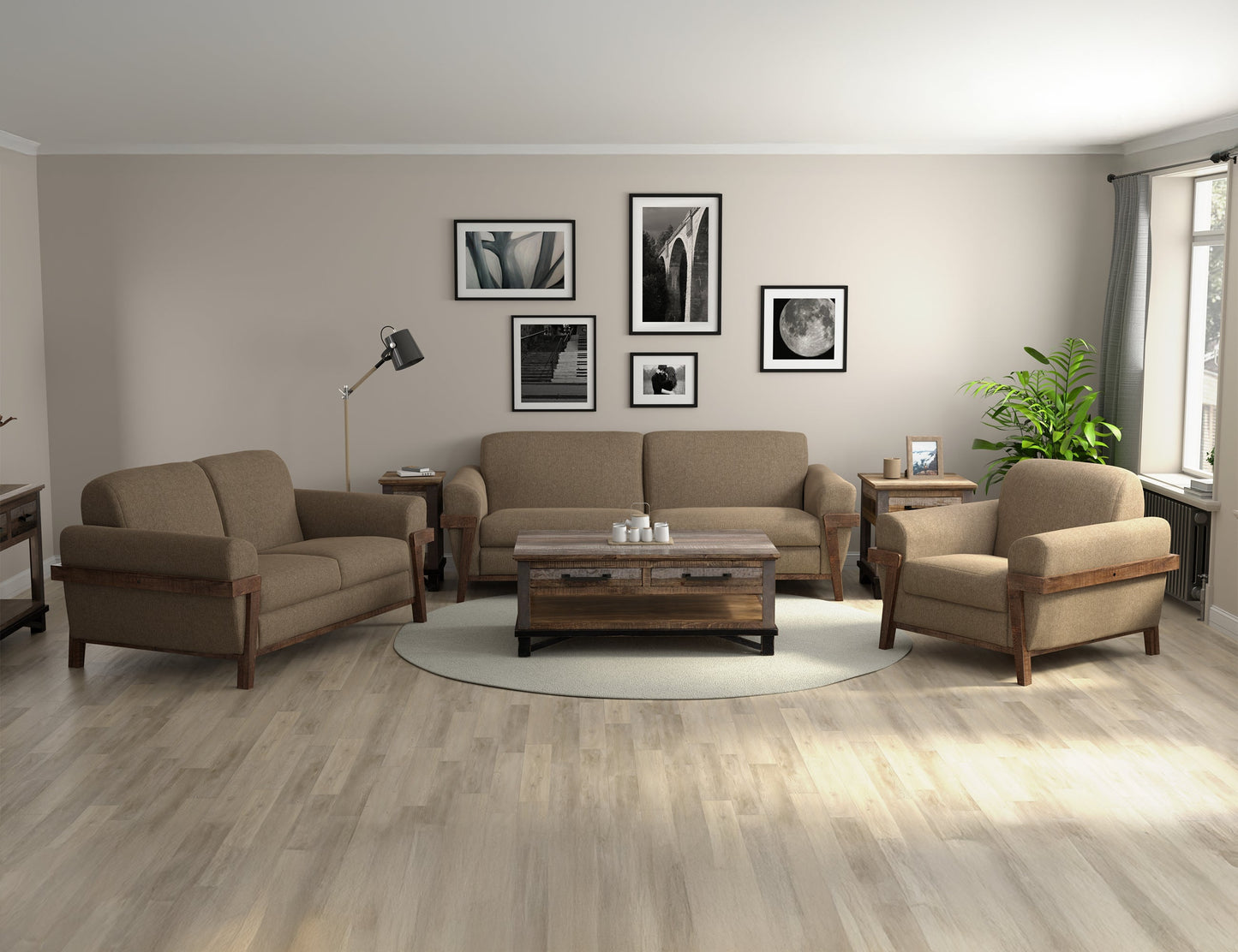 Wooden Frame & Base, Armchair - Brown Camel